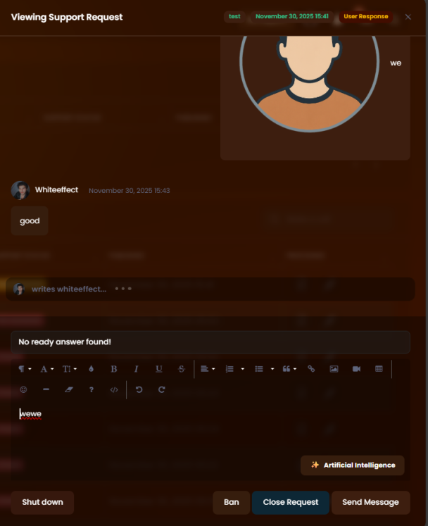 Support request received on Discord